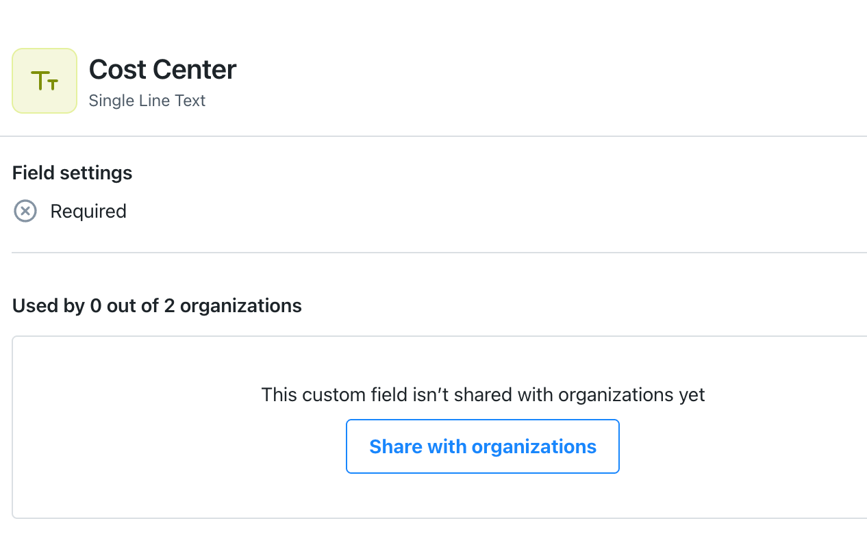 The details page of a new asset field called Cost Center, showing the Field Settings and the Share with organizations option.
