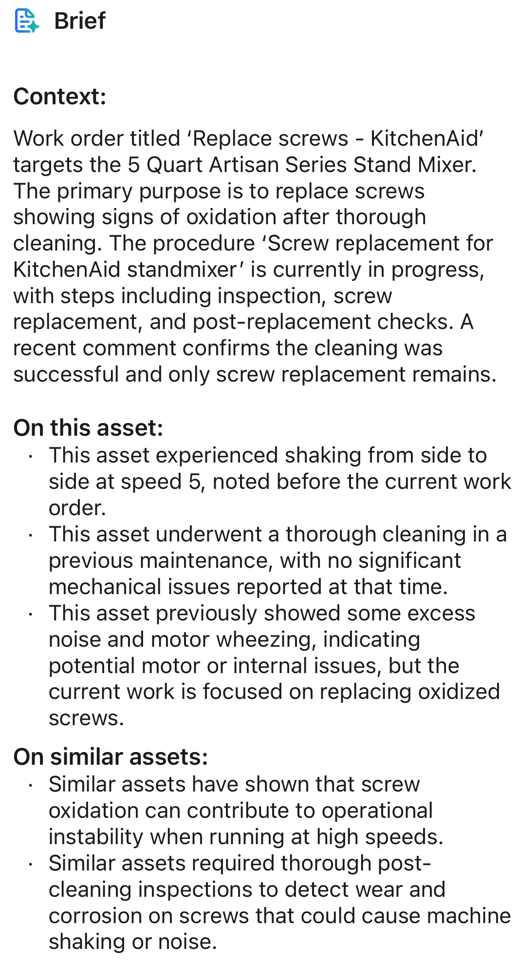 Work order brief expanded view showing Context, On This Asset, and On Similar Assets sections with collapsible details