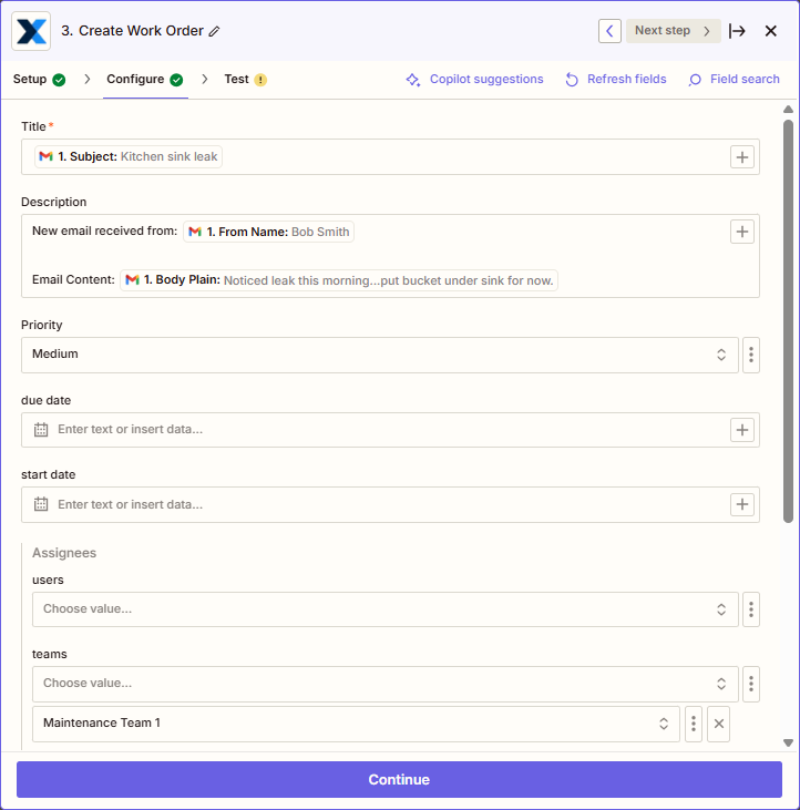 Screenshot showing how to configure a create MaintainX work order action in Zapier