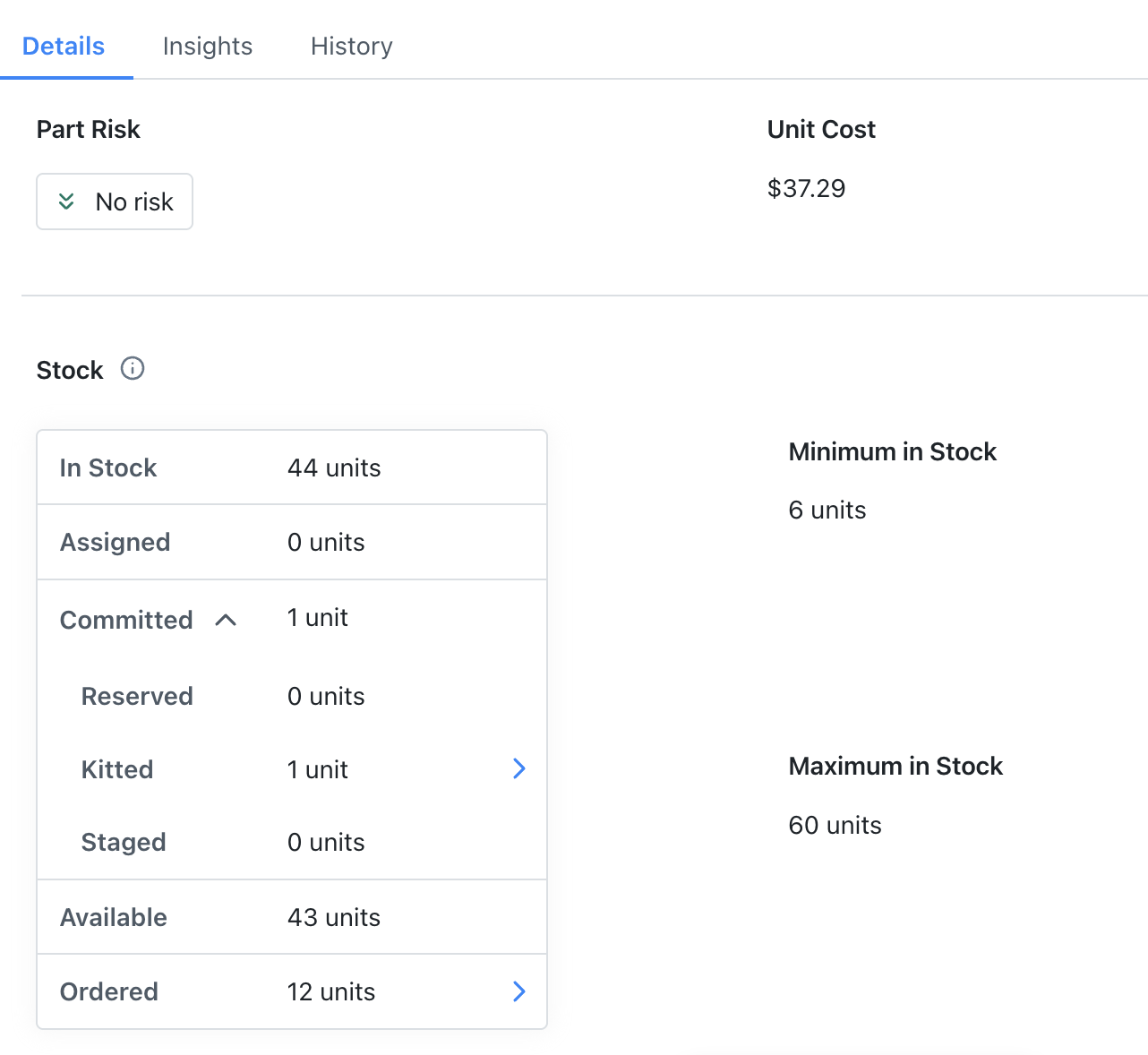 Additional part fields shown in the part Details tab