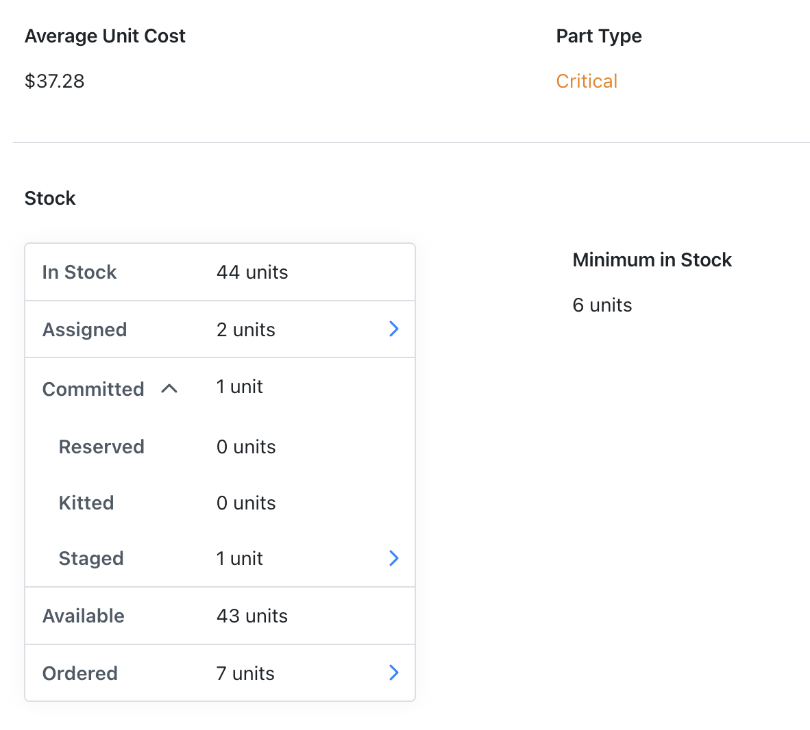 Additional part fields shown in the part Details tab