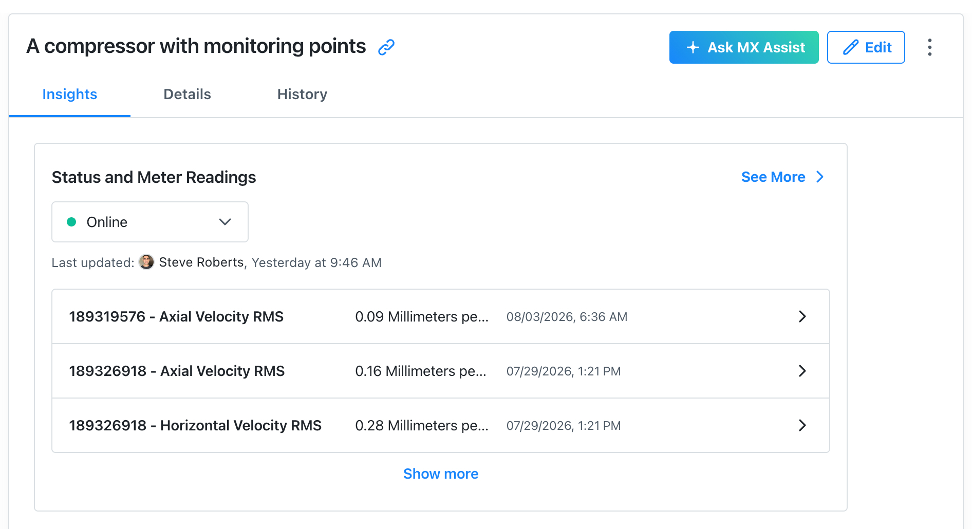 Screenshot of an asset's Insights tab showing the Status and Meter Readings card with a list of recent meter readings