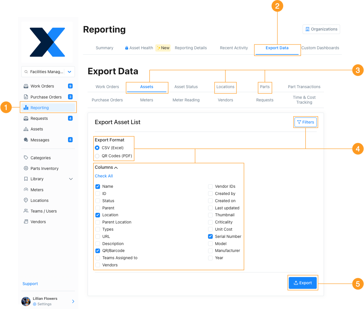 The CSV export options for assets, set up to export barcodes