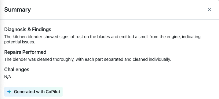 Screenshot showing a the Summary field with a Diagnosis & Findings, Repairs Performed, and Challenges sections.