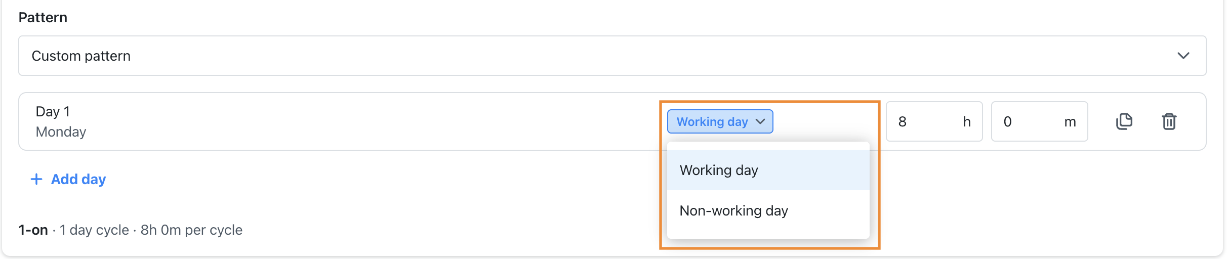 Screenshot showing the working day field in the custom work rotation configuration