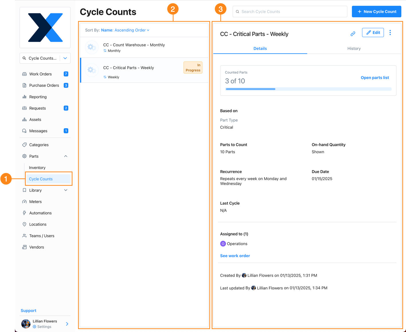 The Cycle Counts module in the MaintainX web application