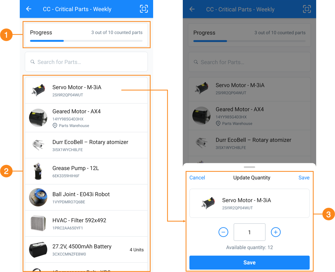 The Cycle Count screen in the MaintainX mobile application, where users who conduct the cycle count enter totals