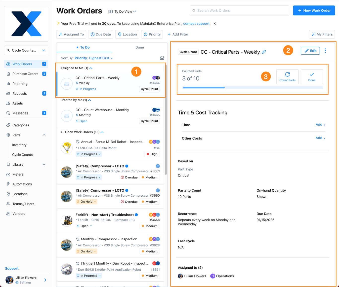 A work order for a scheduled cycle count