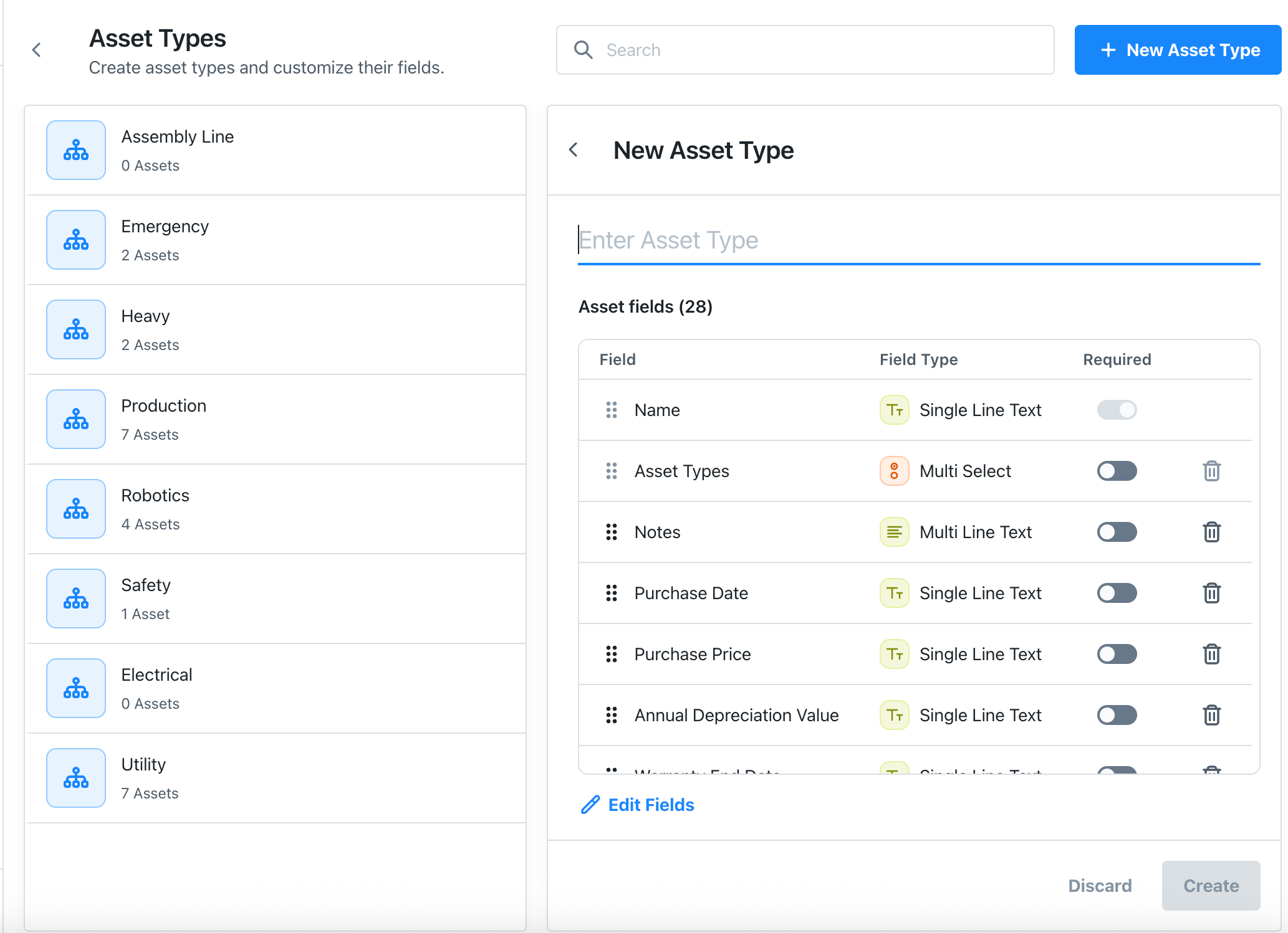 The New Asset Type panel showing a name field, the list of default asset fields with required toggles and reorder handles, and the Edit Fields link.