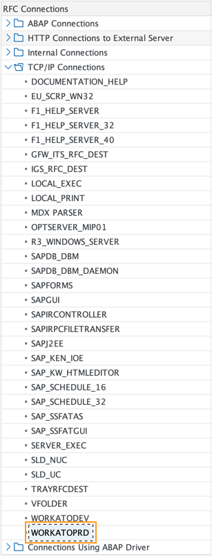 The expanded list of TCP/IP RFC destinations in SAP ECC6