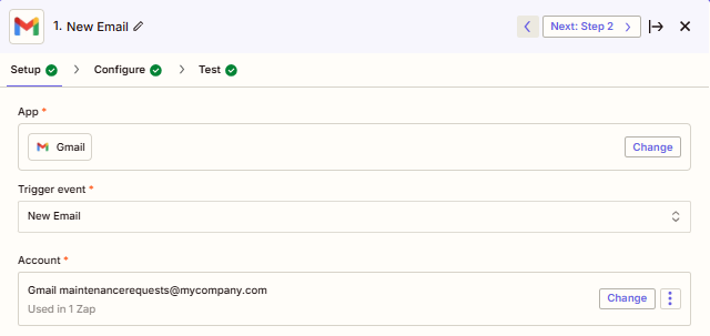 Screenshot showing the trigger setup for a Zapier workflow connecting Gmail to MaintainX to create work orders from emails