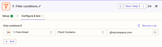 Screenshot showing how to configure filter conditions to process only specific emails in Zapier