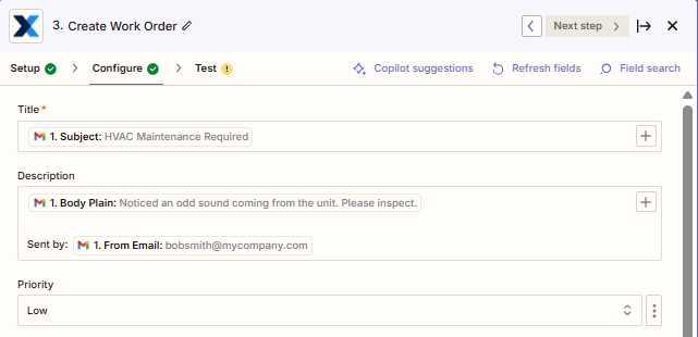 Screenshot of an action in Zapier showing how email fields are mapped to work order fields