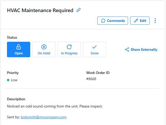 Screenshot of a MaintainX work order that was automatically created from an email about HVAC maintenance