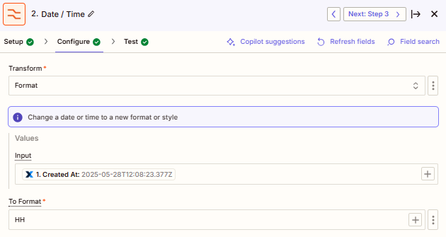 Screenshot showing how to configure the Date/Time formatter in Zapier to extract the hour from the work order creation timestamp