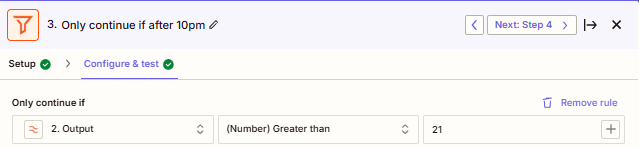 Screenshot showing how to set up a filter in Zapier that only continues the workflow if the hour is after 10 PM