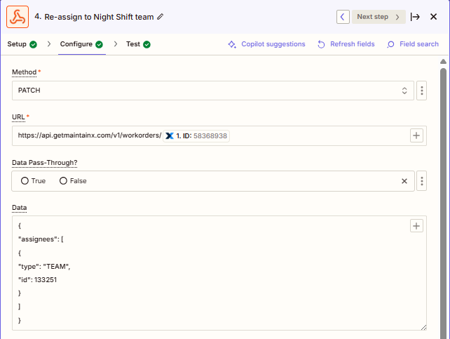 Screenshot showing the configuration of the PATCH request that assigns the work order to the night shift team using the MaintainX API