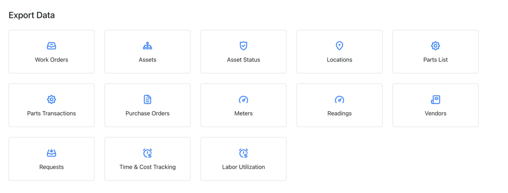 Screenshot of the MaintainX organization settings Export Data section displaying various export options and buttons for downloading organization data