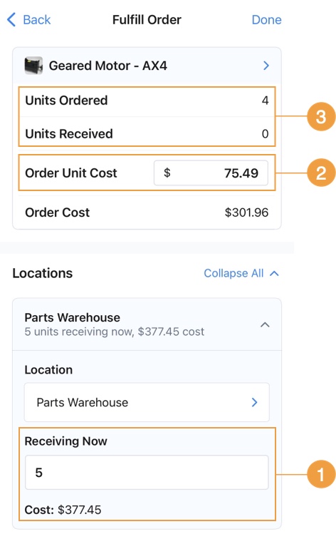 Selected part in purchase order ready for fulfillment