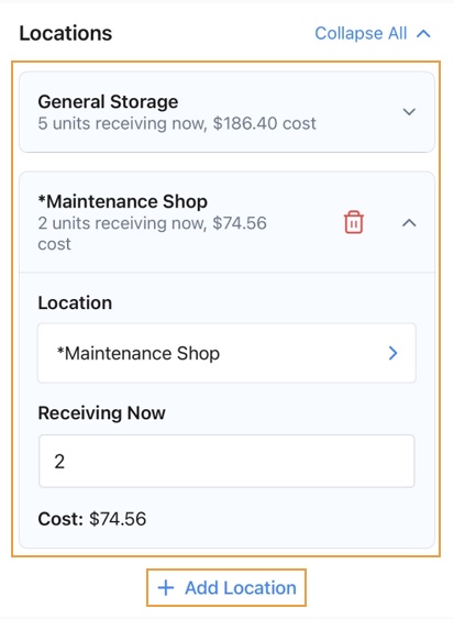 Screenshot showing purchase order fulfillment with parts distributed across multiple locations