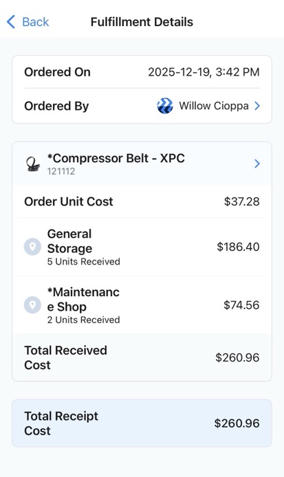 Screenshot of a purchase order shipment receipt with multiple locations for a part