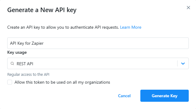 Screenshot showing how to generate an API key from the MaintainX settings