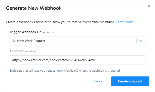 Screenshot showing the process of generating a new webhook URL in MaintainX to use in a Zapier integration