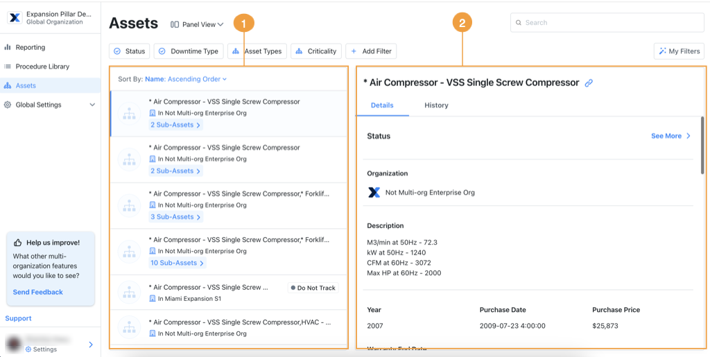 Image of the MaintainX Assets module displaying a panel view with a list of assets on the left side and detailed asset information panel on the right, showing assets from different sub-organizations in a Global Organization interface