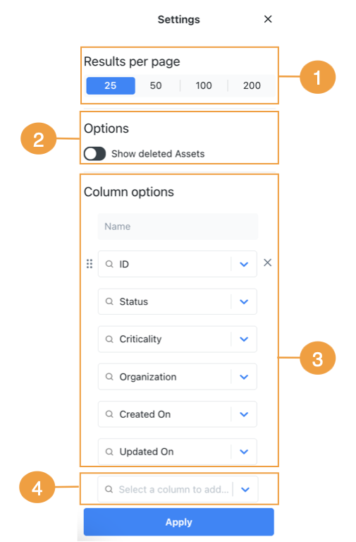 Image showing the table settings panel with options for results per page, show deleted assets, column options, and column selection dropdown in the MaintainX Global Organization Assets module