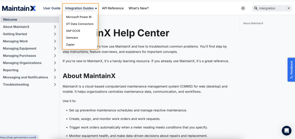 Screenshot of the MaintainX Help Center showing various integration guides and documentation for connecting third-party applications and services