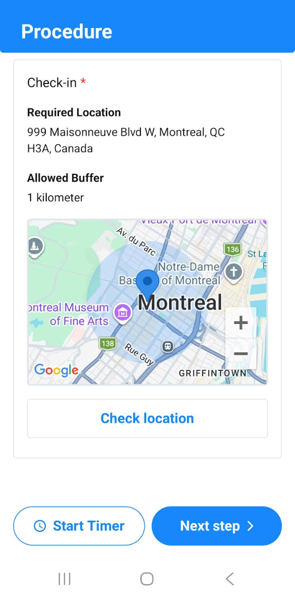 A mobile screen showing a Montreal address with the buffer around it and the option to Check Location.