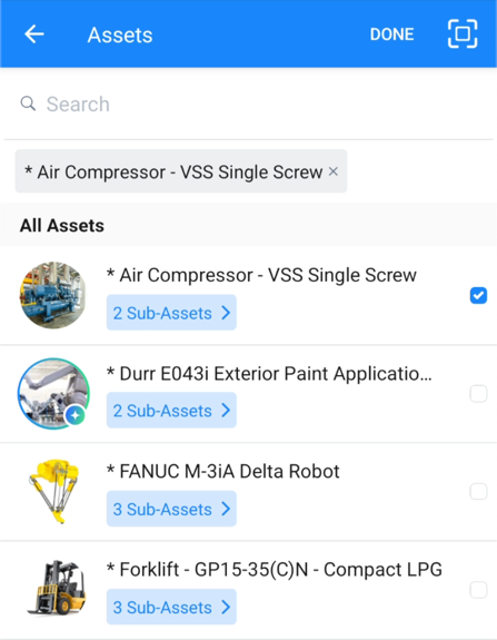 Screenshot of the mobile interface for selecting assets when creating a multi-asset work order, showing checkboxes next to asset names.