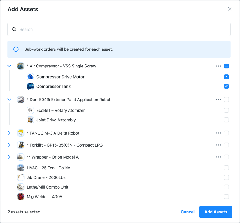 Screenshot showing the Add Assets dialog for a multi-asset work order in the MaintainX web application. Users can choose multiple assets to create sub-work orders from.