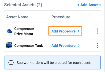 Screenshot showing the mobile interface for adding procedures to sub-work orders in a multi-asset work order.