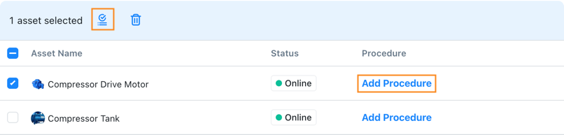 Screenshot showing how to add procedures to selected sub-work-orders in the MaintainX web application.