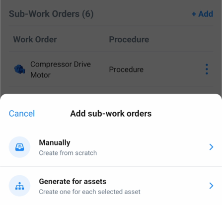 Screenshot of the mobile interface for adding sub-work orders to an existing parent work order, showing the add button and options.