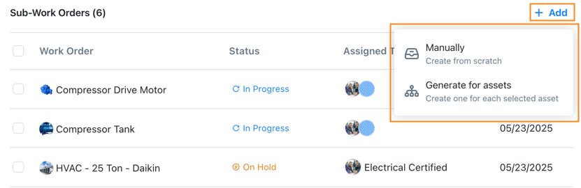 Screenshot showing the interface for adding additional sub-work orders to an existing parent work order, with options to add manually or generate for assets.