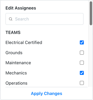 Assignee selection dialog with a search field and list of available users and teams that can be assigned to multiple sub-work orders at once