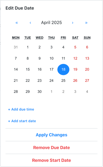 Calendar date picker showing a monthly view with selectable dates, and additional fields for Due Time and Start Date when bulk editing sub-work orders
