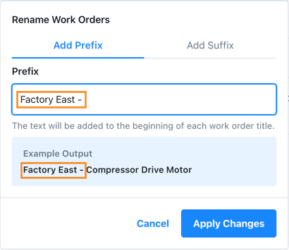 Rename dialog box showing options to add a prefix or suffix to sub-work order titles, with a sample preview of how the renamed title would appear