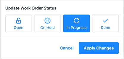 Status update dialog showing work order status options including Open, In Progress, On Hold, and Complete that can be applied to multiple sub-work orders simultaneously