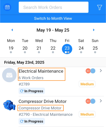 Screenshot showing how multi-asset work orders appear in the calendar view on mobile devices, displaying parent-child relationships