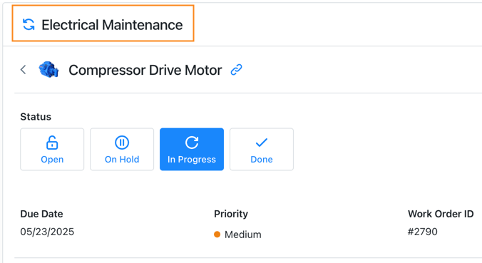 Screenshot showing a sub-work order in the details pane of the To Do view with a reference to its parent work order.