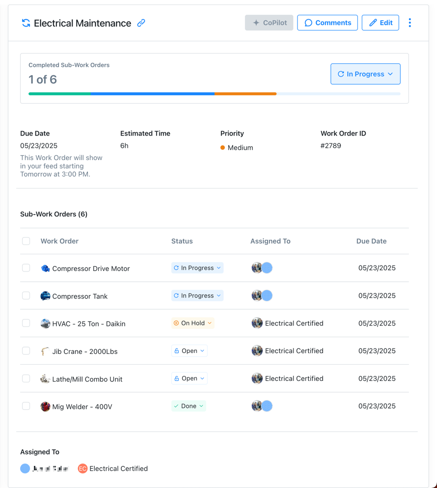 A screenshot of a multi-asset work order in the MaintainX web application, showing the relationship between a parent work order and its sub-work orders