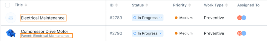 Screenshot of the table view showing how parent and sub-work orders appear together with their relationships clearly indicated.
