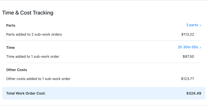 Time and Cost tracking summary for a multi-asset work order