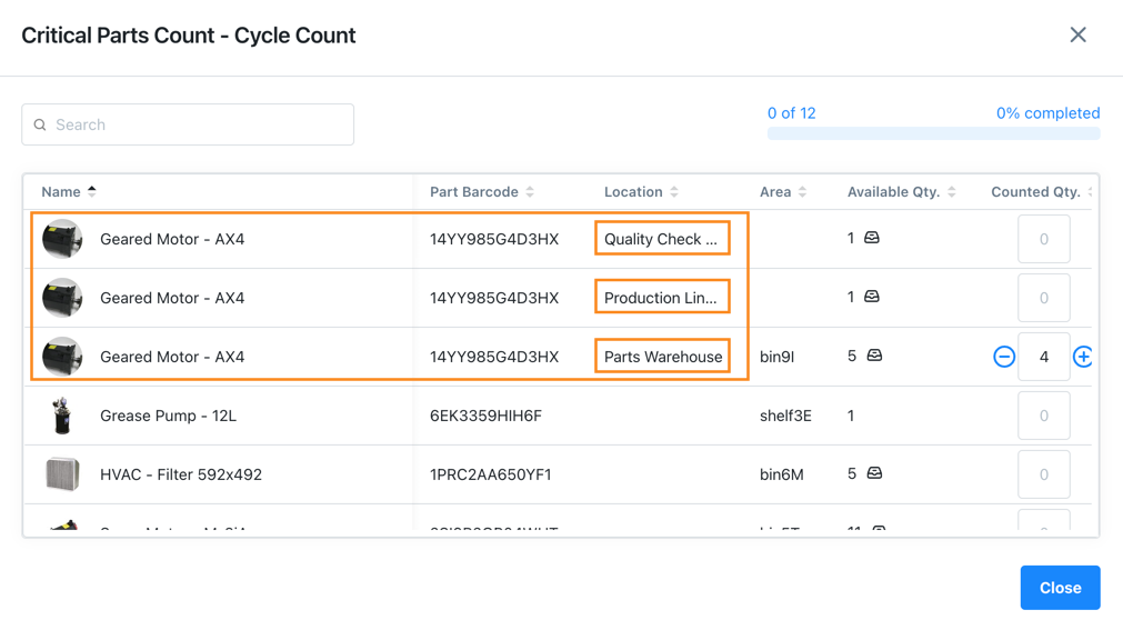 Screenshot of the cycle count dialog showing separate inventory lines for the same part in different locations. The screen displays location names, areas, and quantity fields allowing users to count each location's inventory independently.