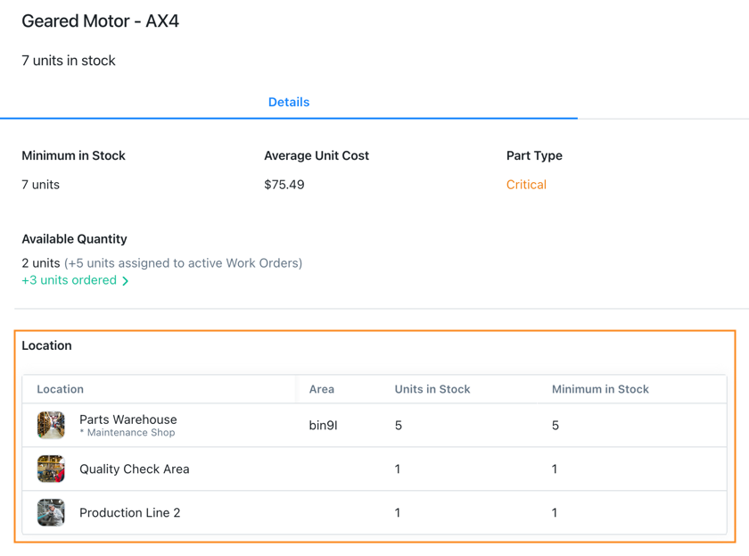Screenshot of a part details page displaying inventory information across multiple locations. The screen shows total available quantity at the top, followed by a breakdown of inventory by location, with columns for location name, area, available quantity, and minimum stock level for each location.