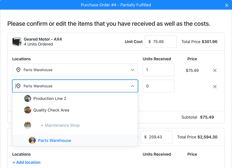 Screenshot of the purchase order fulfillment dialog showing location selection for received parts. The interface displays options to specify which location will receive the parts and allows allocating quantities across multiple locations.