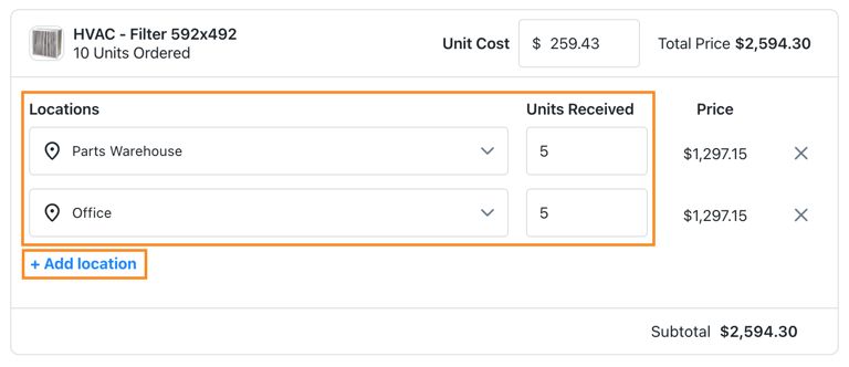 Screenshot of the purchase order fulfillment dialog with multiple locations for a part. The dialog shows options to distribute received parts across different storage locations, which enables proper inventory allocation and tracking.